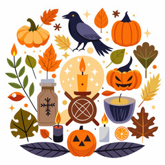 Samhain Pagan Festival Vector with Celtic Symbols and Autumn Elements on White Background