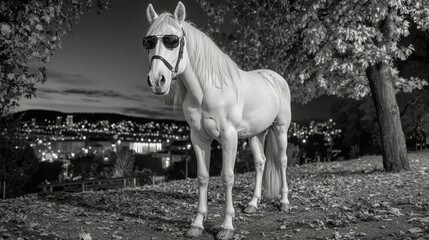 Stylish White Horse with Sunglasses in a Scenic Night Landscape