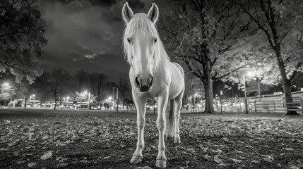 Elegant White Horse Stands Proudly in a Night Park