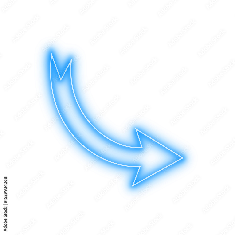 Poster blue glowing curved arrow pointer pointing down right symbol modern light sign isolated transparent 