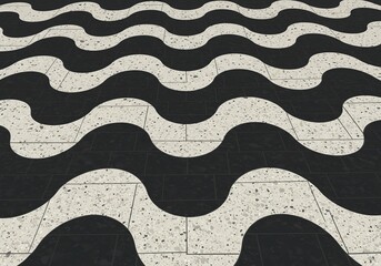 Iconic Black and White Wavy Pavement Pattern (Calçadão) – Abstract Geometric Background for Urban Design, Travel, and Brazilian Culture Concepts.
