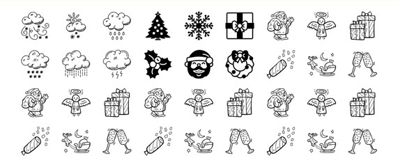 A collection of hand-drawn Christmas icons, including weather, festive characters, and celebratory elements.
