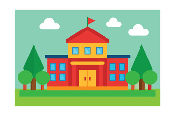 Cartoon School Building Illustration with Green Lawn 
