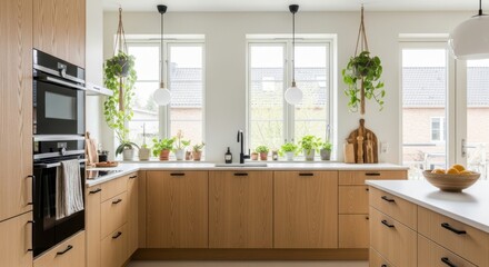 Fototapeta premium Modern scandinavian kitchen interior with natural light and houseplants