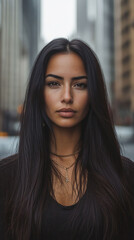 Beautiful Woman Portrait, Long Dark Hair, City Background