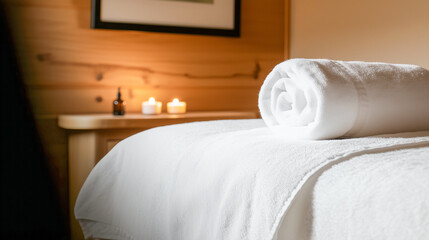 A neatly rolled white towel rests on a plush massage table. Soft candlelight flickers in the background, enhancing the tranquil wooden interior.