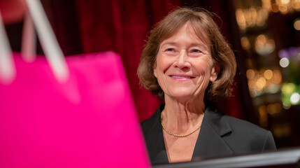 A smiling woman with shoulder-length brown hair stands in front of a blurred background, holding a vibrant pink shopping bag. Soft bokeh lights enhance the scene.