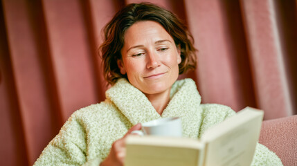 A woman in a soft, green robe sits comfortably on a pink couch, holding a cup while reading a book. The background features warm, textured curtains.