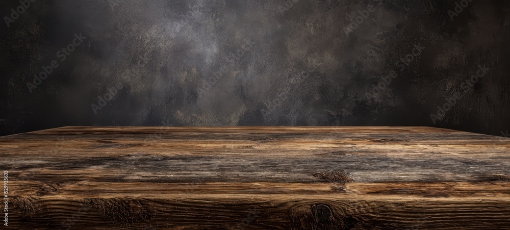 Poster the rustic wooden table against a textured dark background with unique patterns.
