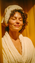A woman with curly hair relaxes in a wooden sauna, wearing a white robe and towel. She has her eyes closed, exuding tranquility and warmth.