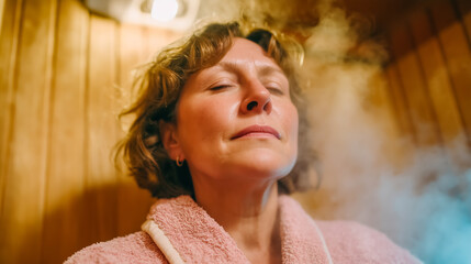 A woman with curly hair relaxes in a wooden sauna, eyes closed, enveloped in steam. She wears a soft pink robe, highlighting a serene expression amidst the warm ambiance.