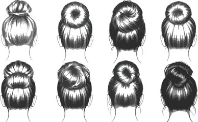 Eight different hairstyle bun variations shown from the back in grayscale art