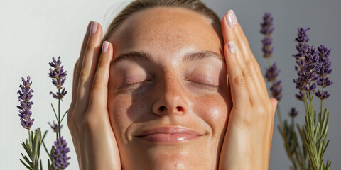 A woman gently cups her face with both hands, eyes closed, surrounded by lavender sprigs. Her skin glows in natural light, showcasing a peaceful expression.