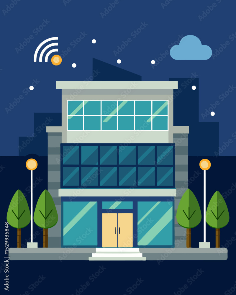 Poster a commercial building fitted with motionsensor lights and occupancy sensors to conserve energy.. vec