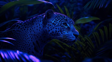 Obraz premium Night Jaguar: Majestic jaguar in the rainforest at night, illuminated by an ethereal blue light, its spotted coat gleaming mysteriously.