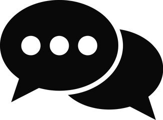A simple black and white icon of two overlapping speech bubbles with dots