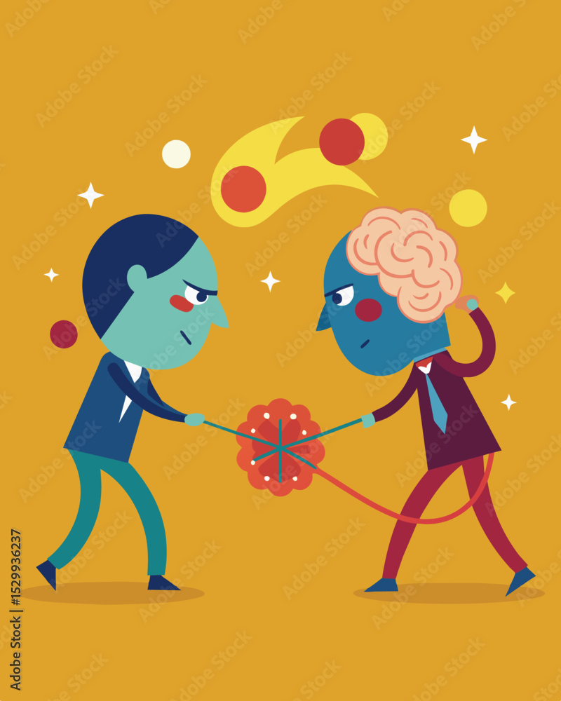 Poster an internal conflict between logic and intuition resulting in a cognitive tugofwar.. vector illustra