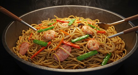 A steaming wok filled with delicious noodles shrimp and vegetables ready to be served and enjoyed
