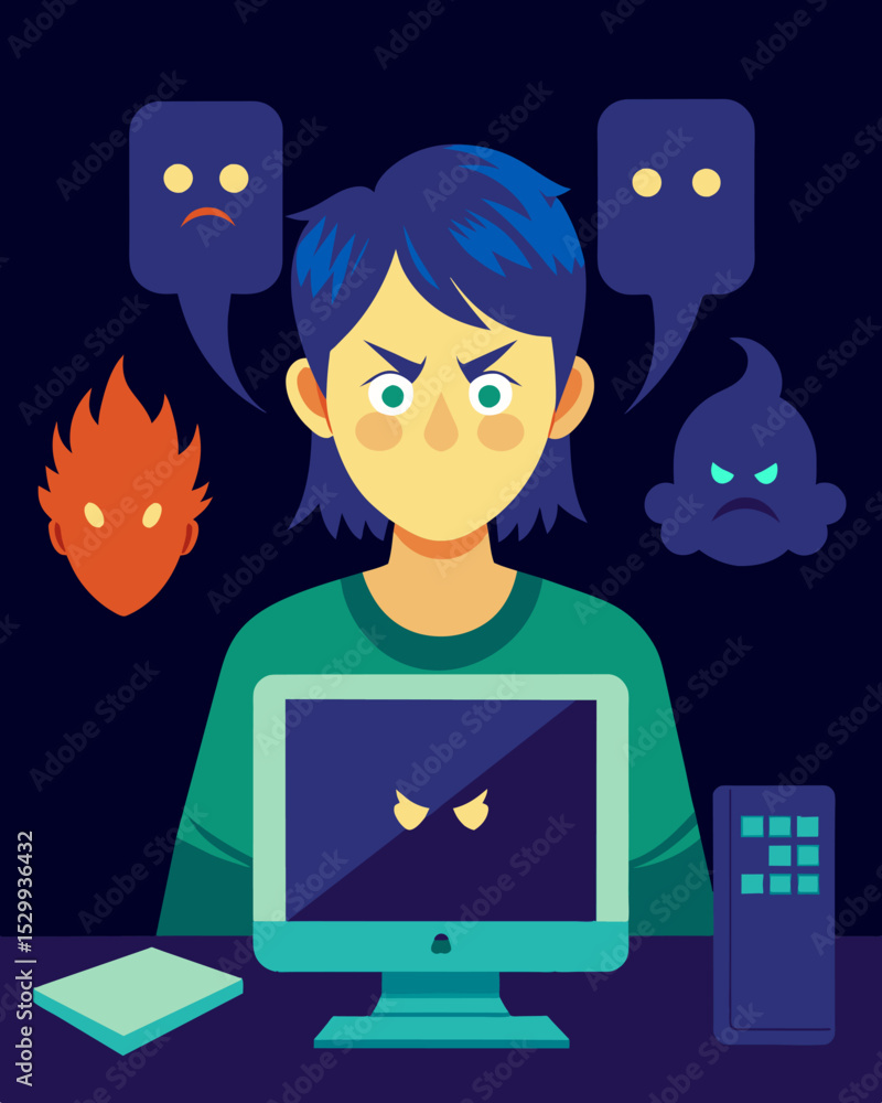 Poster the glow of a computer screen illuminates the face of someone visibly distressed trying to ignore th