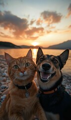 Obraz premium Best friends, a cat and dog, are posing for a selfie shot on the beach