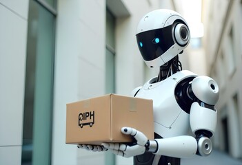 White delivery robot with customer's name illuminated on screen on chest handing over parcel