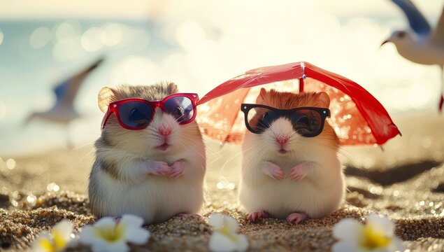 At a seaside resort, two mice are lounging on the beach with cocktails, and some hamsters are taking time to sunbathe while on their vacation