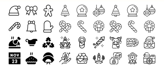 A collection of Christmas and winter holiday icons, including Santa hats, candy canes, Christmas trees, ornaments, and more.