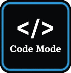 Black Square Code Mode Icon — Blue Border, White Angle Brackets, Lowercase Text Button Design
