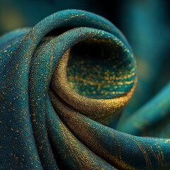 Abstract Emerald Green Silk Curtain Folds: Metallic Gold Threads, Liquid Texture Gradient Shadows, Cinematic Opulence, Moody Macro Bokeh