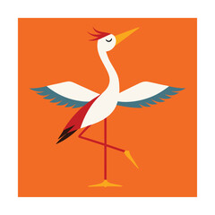 Elegant stylized bird crane illustration posing with wings spread against a vibrant orange backdrop