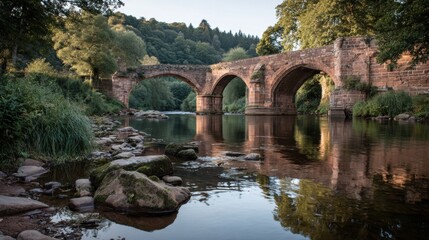 Stone arch bridge reflecting on still river water.