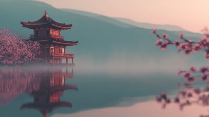 Naklejka premium Serene pagoda reflecting on a misty lake, surrounded by cherry blossoms.