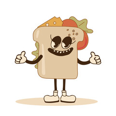 Smiling sandwich shows like with hands. For fast or street food advertising. Cute piece of tasty sandwich. Appetizing food. Cartoon style. Vector illustration.