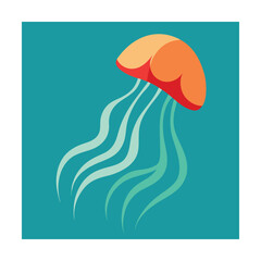 Colorful cartoon illustration of a swimming jellyfish in ocean waters isolated on teal background
