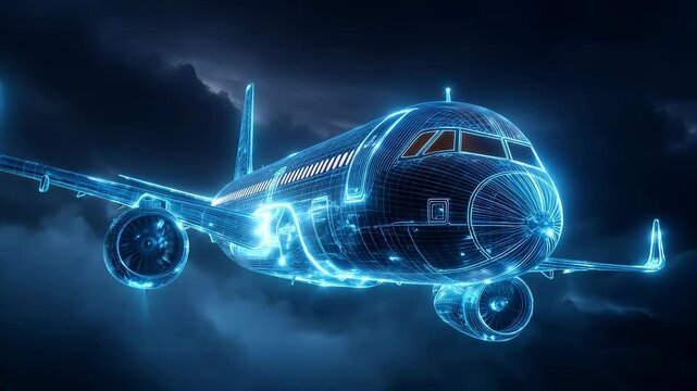 Glowing holographic airplane flies through digital sky, representing futuristic air travel and high-tech innovation. Neon blue lines and 3D motion, aviation, airplane technology, transportation