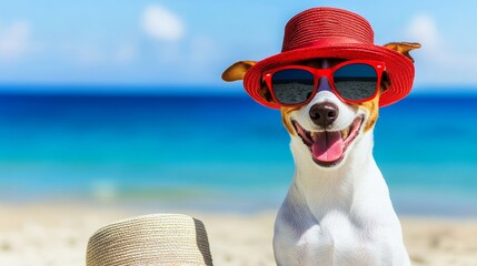 A dog, clad in sunglasses and a hat, is smiling as it sits on the beach, reveling in the warmth of the sunny day