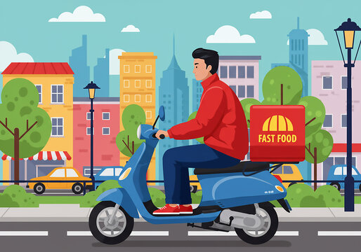 Fast Food Delivery Scooter Rider in City Streets, Quick and Convenient Service