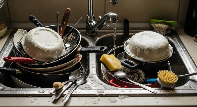 Overflowing kitchen sink with dirty dishes and running water