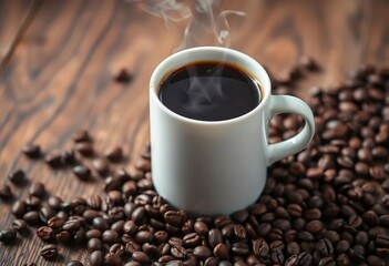 Naklejka premium Steaming coffee in mug, coffee beans scattered on wood, close-up, rich