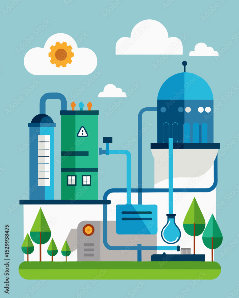 Poster a facility implementing a closedloop water system filtering and reusing water for production.. vecto