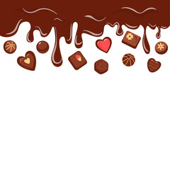 Chocolate Candy Sweets and Dripping Chocolate Border with Empty Space for Text or Logo on White Background – Vector Illustration for World Chocolate Day, Kids, Business, Sale and Holiday Design