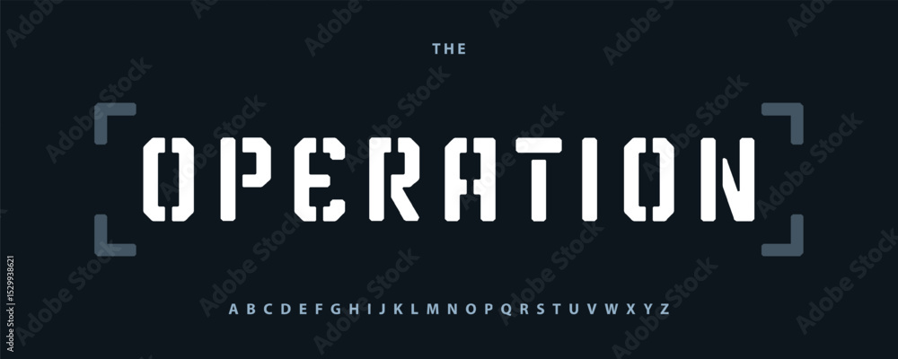 Poster techno alphabet, bold stencil lettering, cyber army typeface with tactical display typo, strong digi