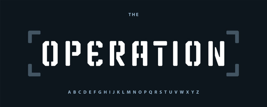 Techno alphabet, bold stencil lettering, cyber army typeface with tactical display typo, strong digital text for gaming headline strategy design. Vector typeset