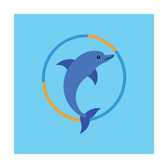 Playful blue dolphin jumping through a hoop in a bright blue and orange setting © Rakibul