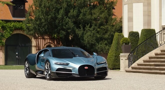 BUGATTI, TOURBILLON, luxury expensive sports car against the backdrop of an expensive villa