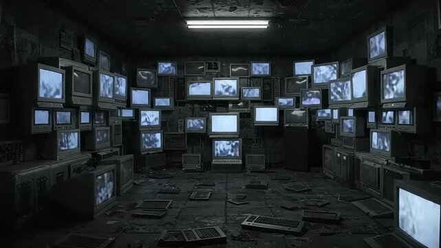 Surreal room filled with old televisions showing static and broken computer keyboards
