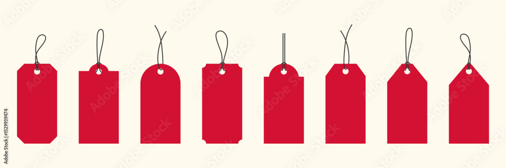 Poster set of red blank hang price tag in various shapes and black strings. minimalist flat style. ideal fo