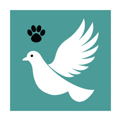 A graphic illustration featuring a white dove and a paw print representing companionship
