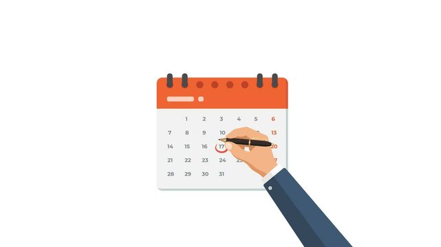 4k Animation of a hand using a pen to mark an important date on a calendar, symbolizing scheduling and planning.
