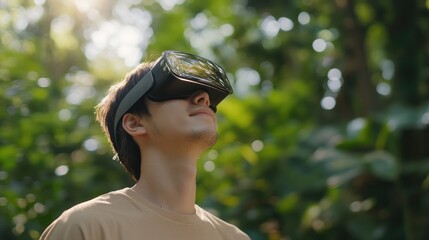 A person wearing a VR headset, looking upward in a lush green forest
